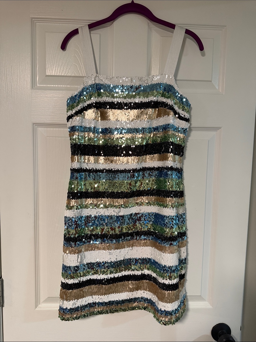 Vince Camuto Striped Sequin Cocktail Dress in White, Blue, Green, Gold, Black